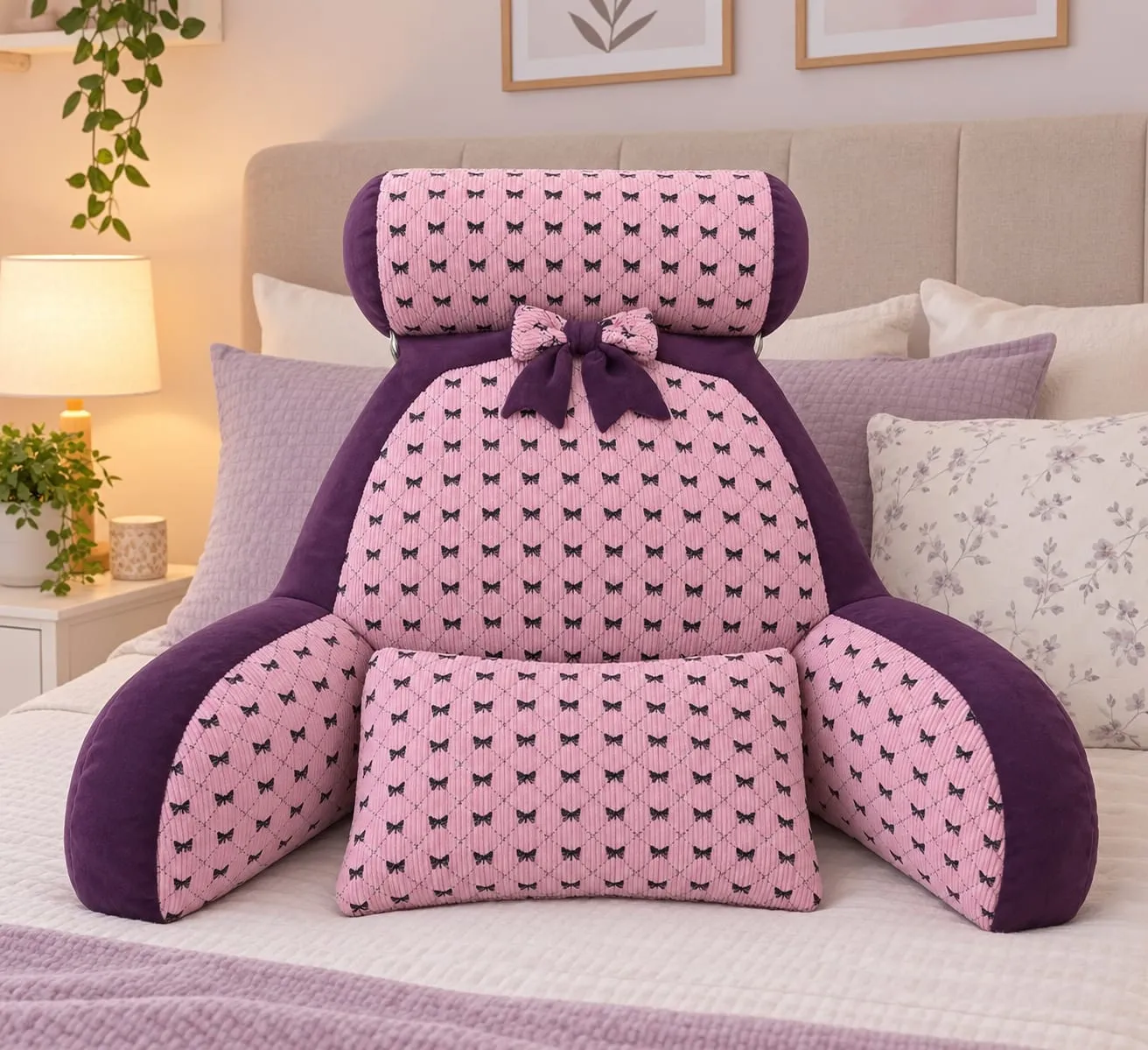 Cojín de Lectura con Brazos Rosa y Morado con Estampado de Lazos