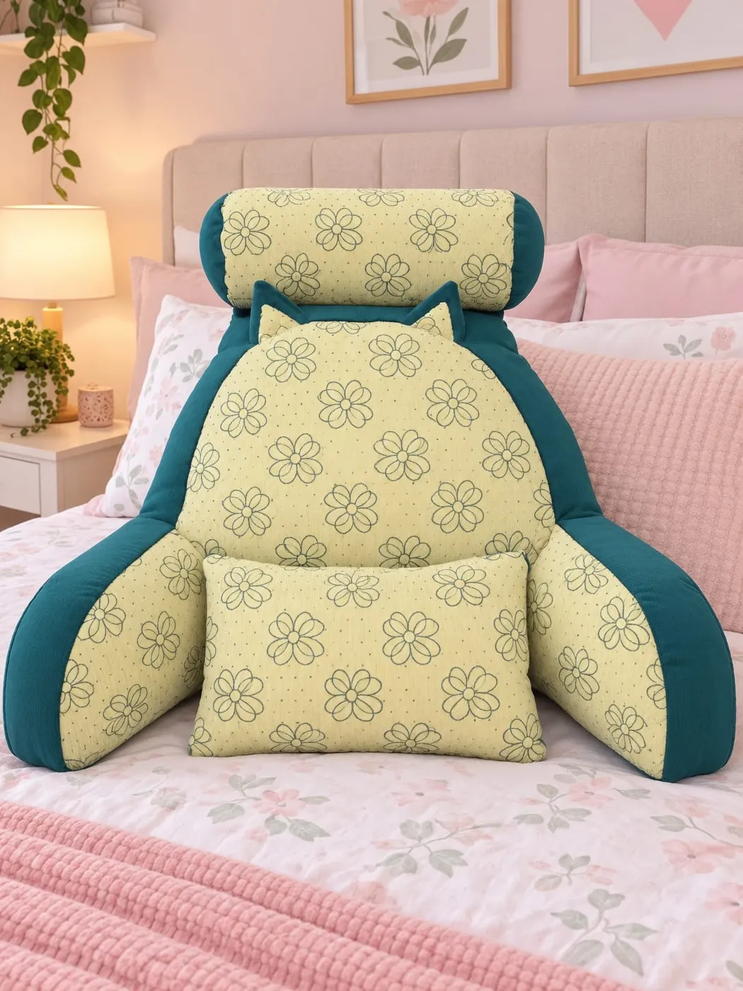 Almohada de lectura con reposabrazos y diseño floral amarillo/verde